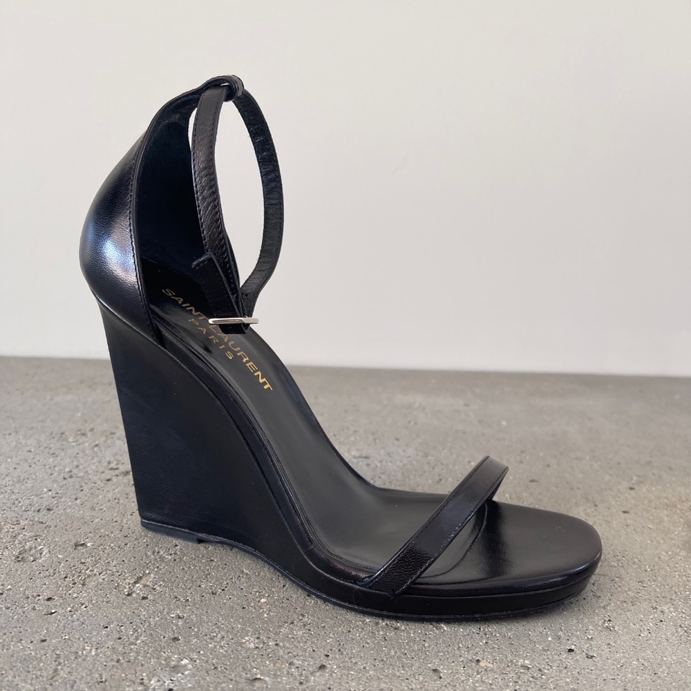 SAINT LAURENT Leather Wedge Sandals in Black